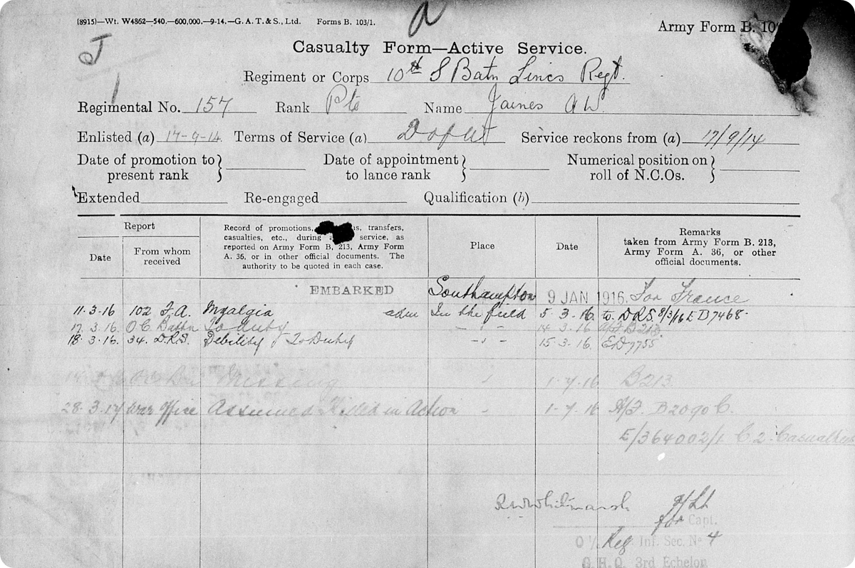 Extract from WW1 service record.