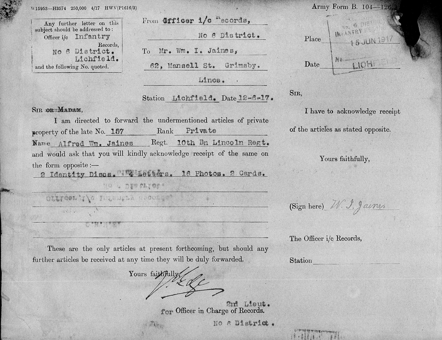 Military record extract from 1917