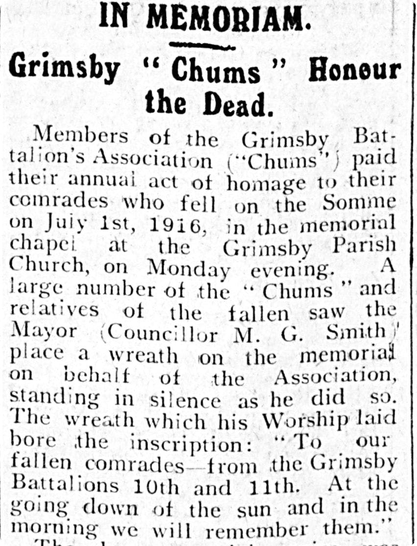 Newspaper article about Chums honouring the dead