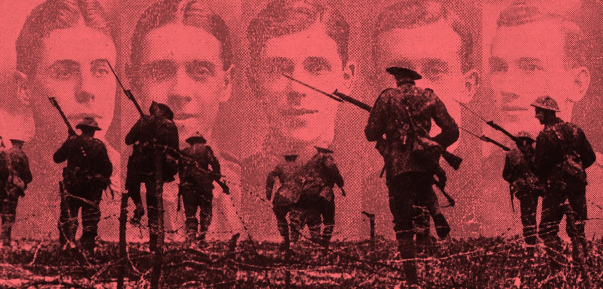 First World war soldiers marching, with faces in the background.