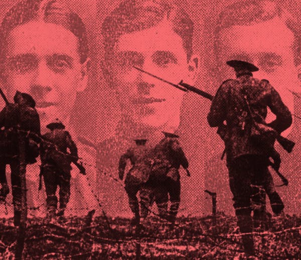 First World war soldiers marching, with faces in the background.