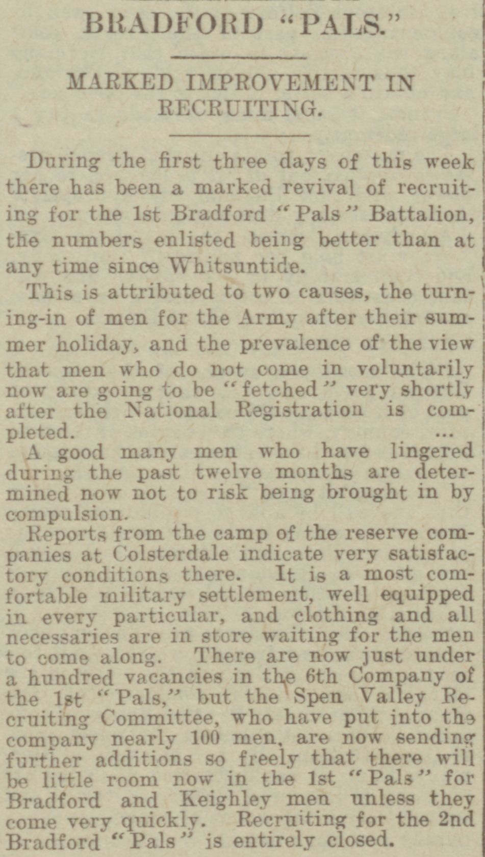 Article about improvements in the training of the Bradford Pals