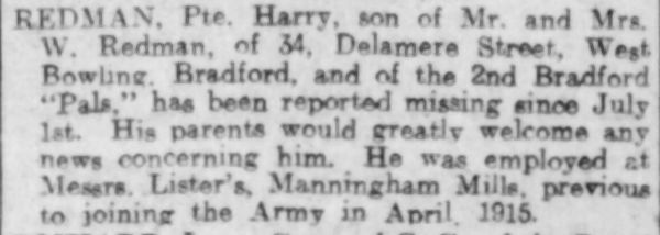 Newspaper article about the missing Private Redman