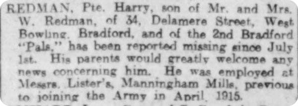 Newspaper article about the missing Private Redman