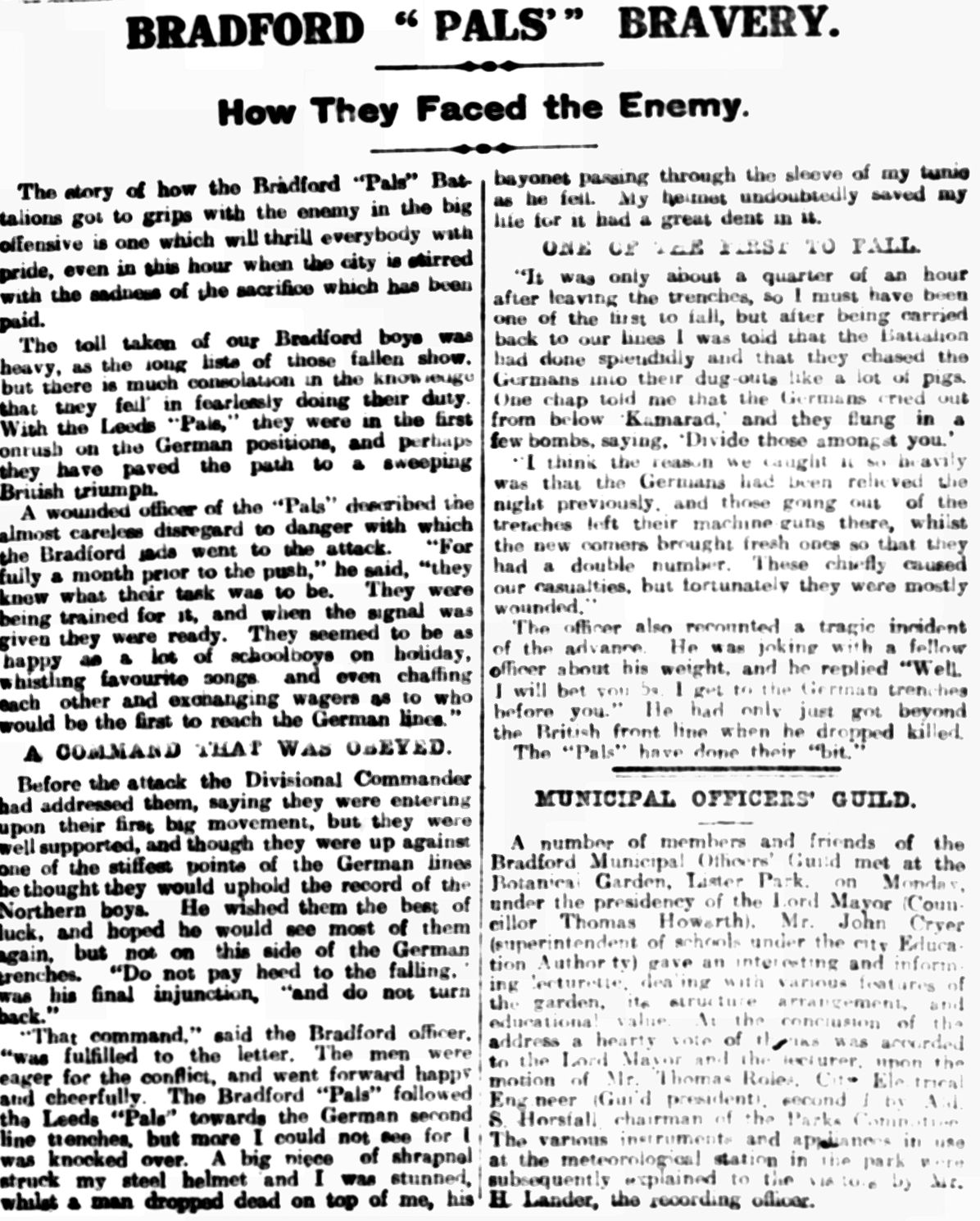An article about the Bradford Pals and the first day of the Somme