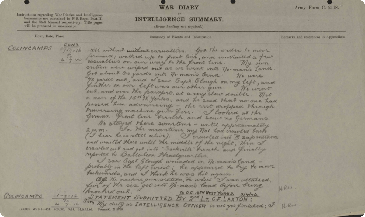 A handwritten extract from a WW1 regiment diary
