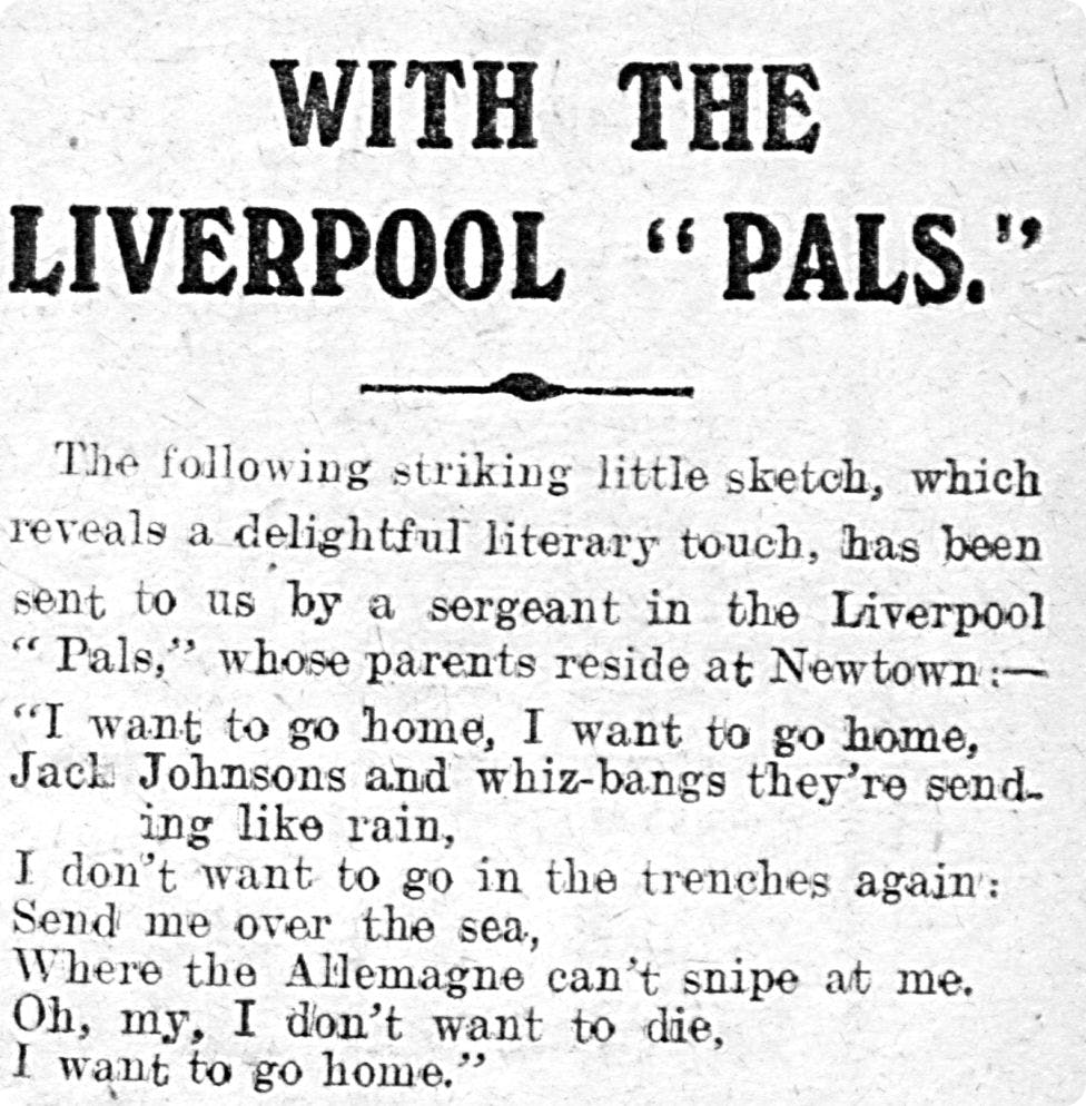 Newspaper article with a poem from a Liverpool Pal