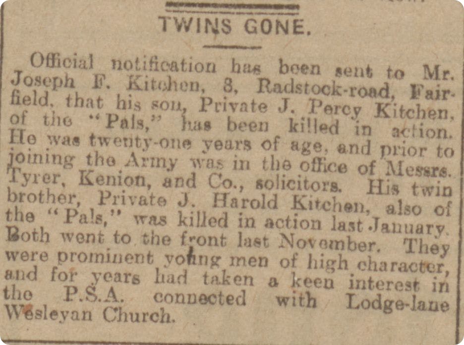 Announcement of the death of the Kitchen twins