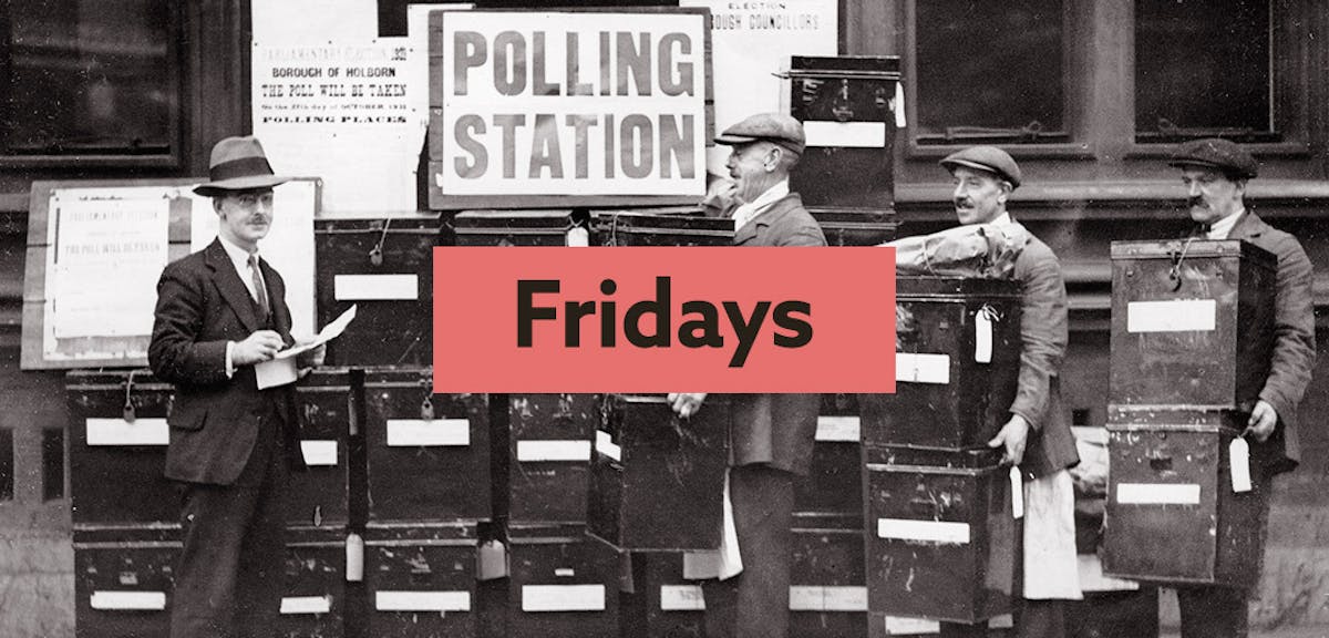 Findmypast Fridays logo wih an old photo of a polling station in the background
