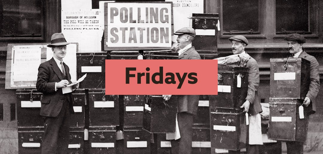 Findmypast Fridays logo wih an old photo of a polling station in the background