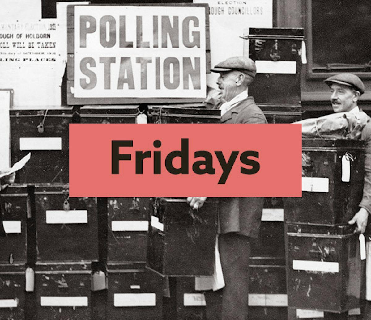 Findmypast Fridays logo wih an old photo of a polling station in the background