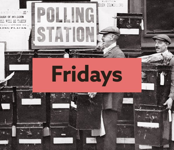 Findmypast Fridays logo wih an old photo of a polling station in the background