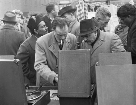 Men at a secondhand gramophone stall in the 1950s