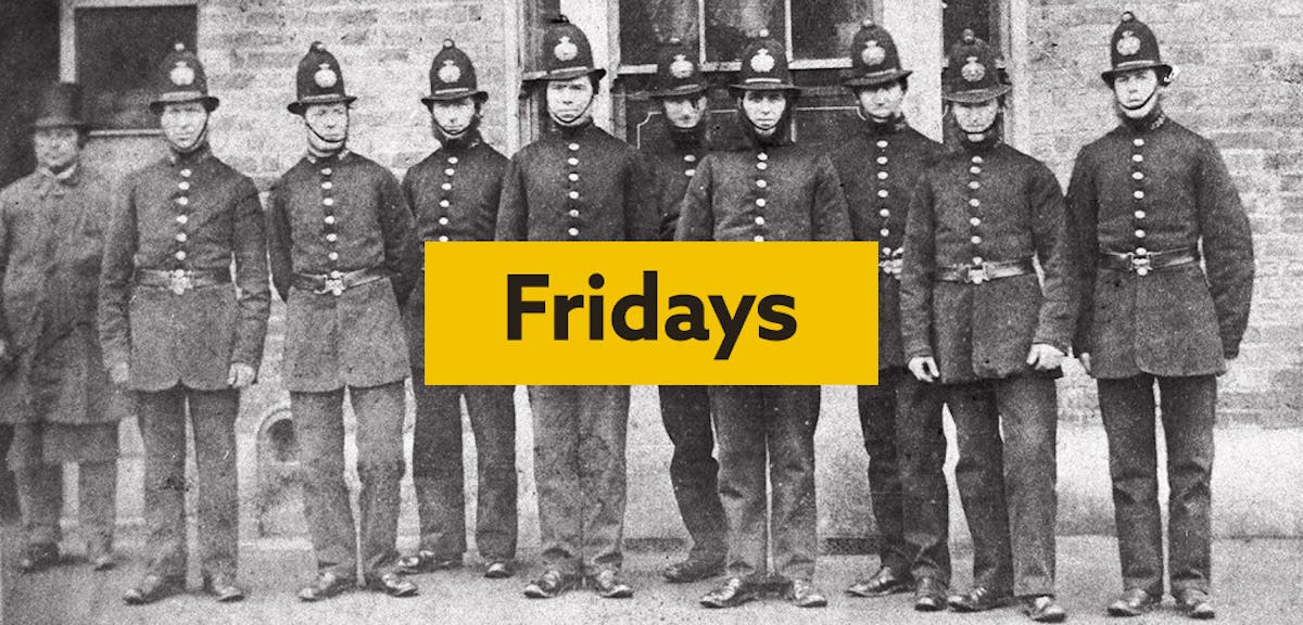 Historical photo of policemen with the word Fridays written with a yellow background
