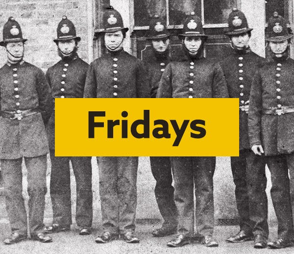 Historical photo of policemen with the word Fridays written with a yellow background