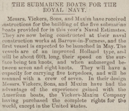 Newspaper article detailing the building of the Royal Navy's first submarines