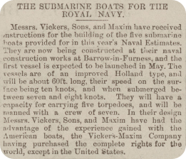 Newspaper article detailing the building of the Royal Navy's first submarines