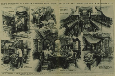 Illustrations of the living conditions aboard a submarine