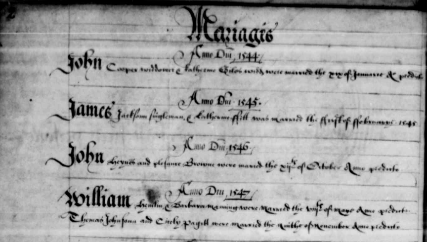 Old, handwritten document showing marriages from Norfolk in the reign of Henry VIII