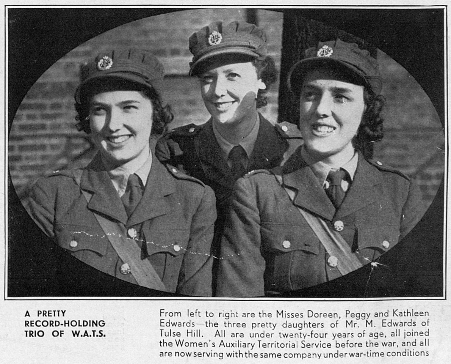 Sisters Doreen, Peggy and Kathleen Edwards of the ATS, in The Sphere, 11 November 1939.