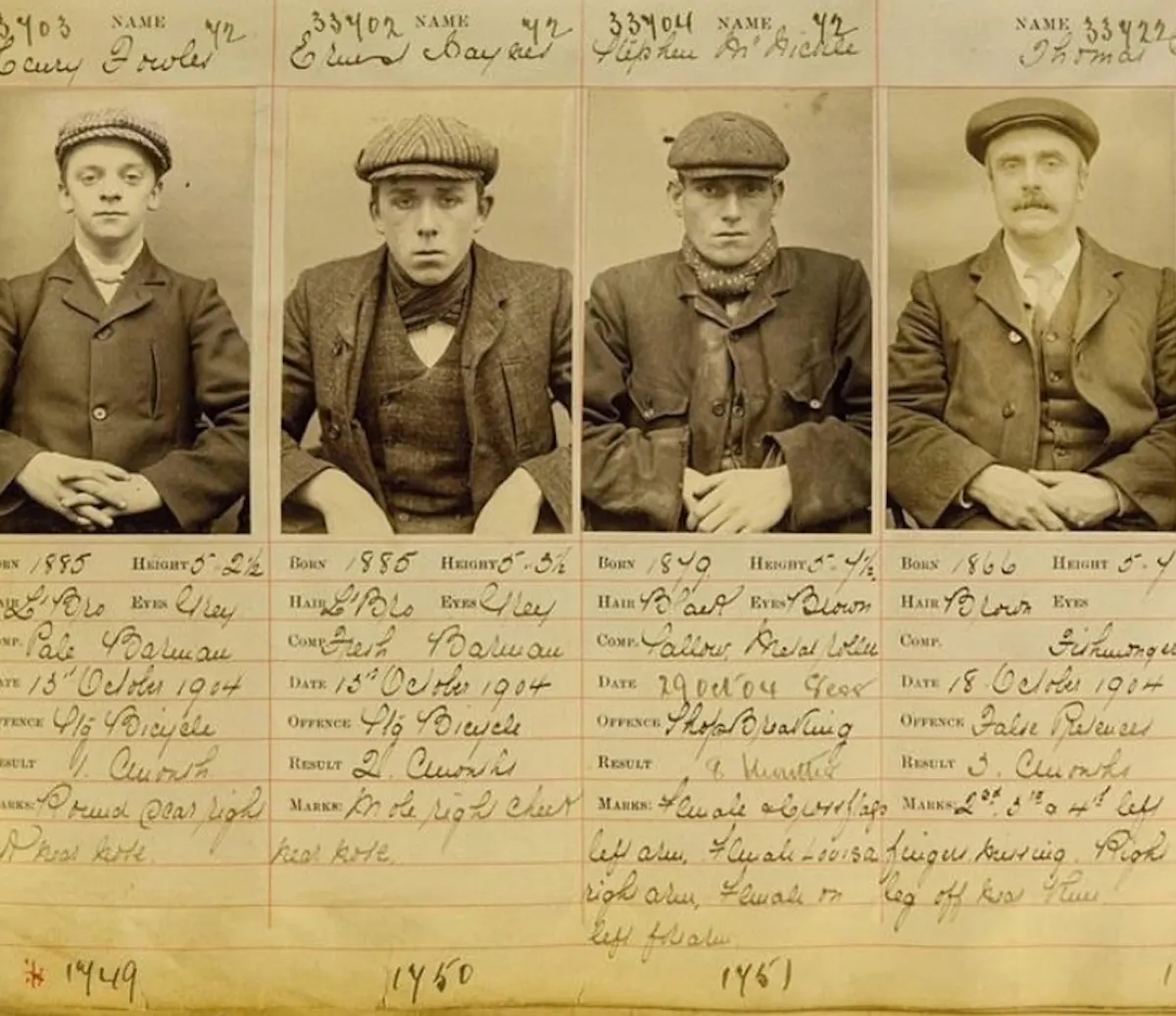 Mug shots of four men and handwritten text from crime records.