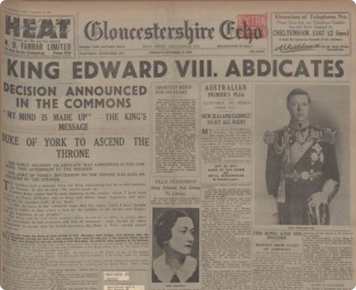 King Edward VIII's abdication - newspaper report