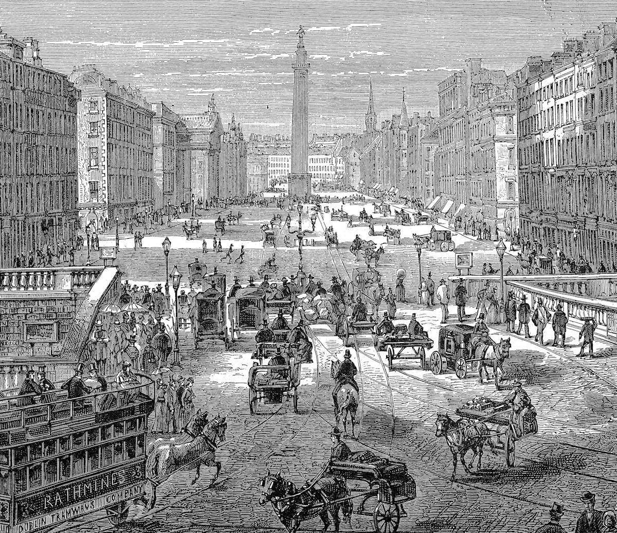 Engraving of 19th century Dublin, Ireland.