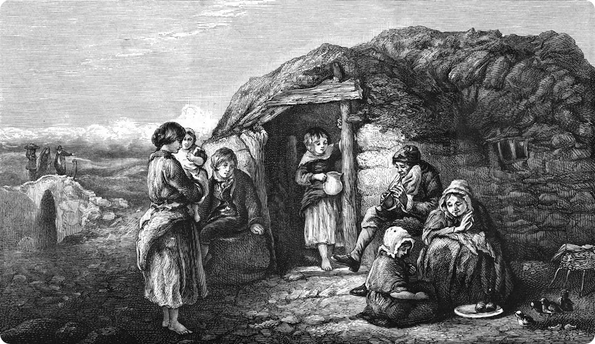 Engraving of an Irish peasant cabin