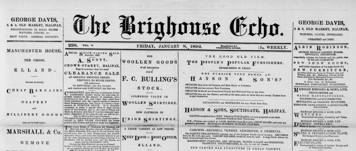 The Brighouse Echo, 8 January 1892.