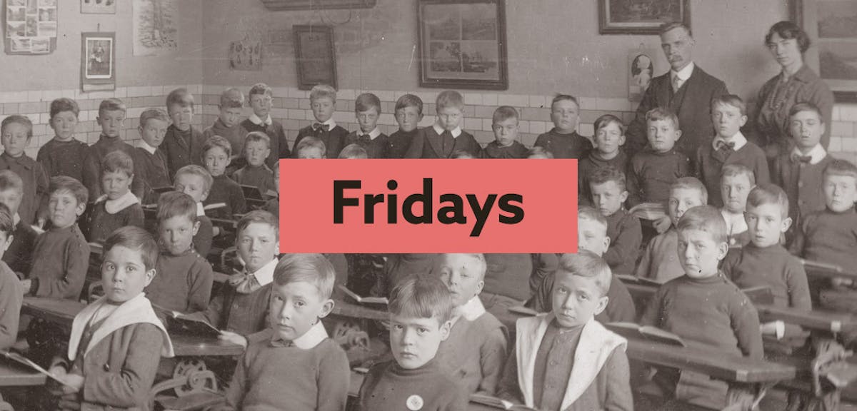 Findmypast Fridays logo with a school class in the background