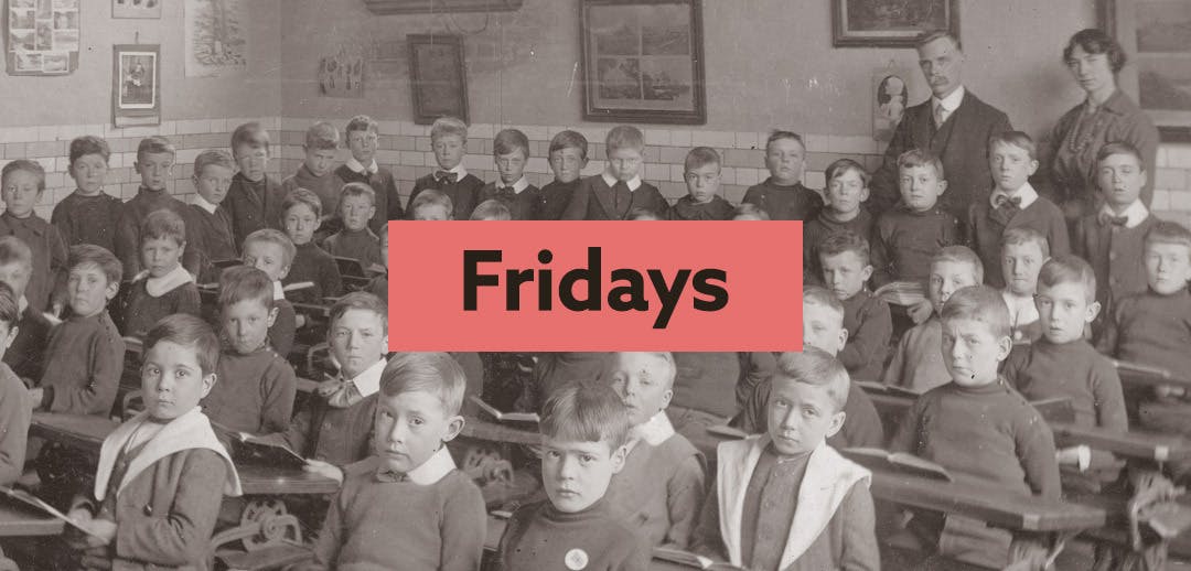 Findmypast Fridays logo with a school class in the background