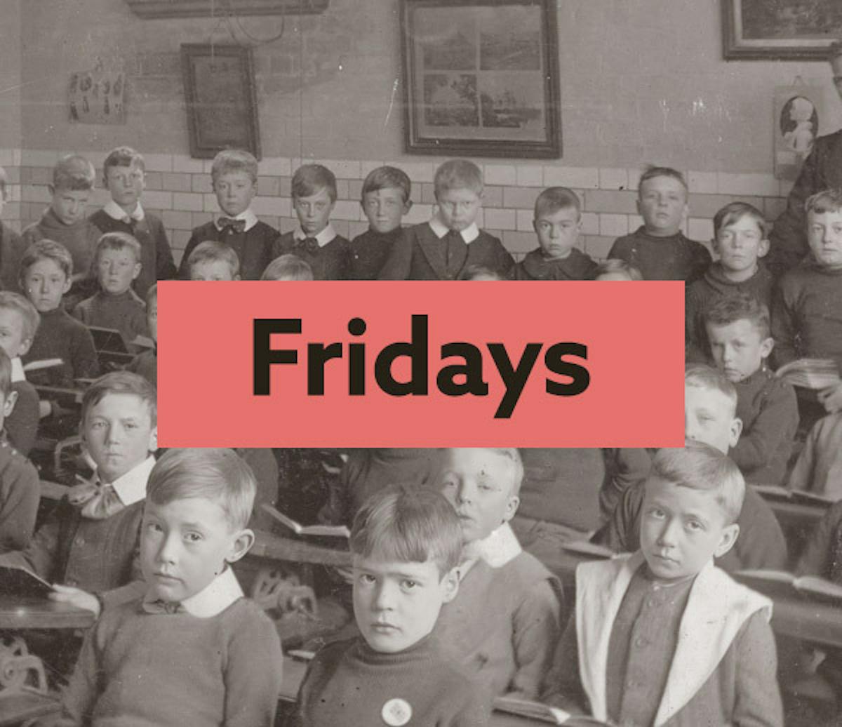 Findmypast Fridays logo with a school class in the background