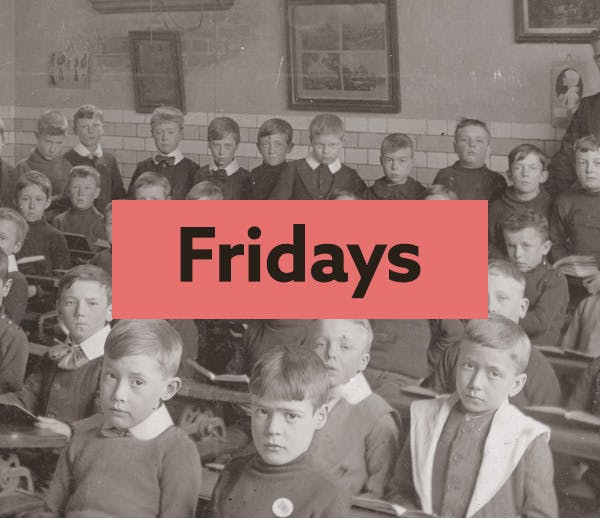 Findmypast Fridays logo with a school class in the background