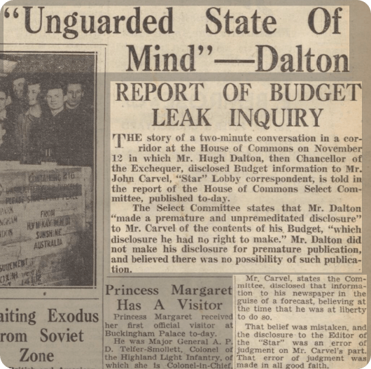 Report of the leaked Hugh Dalton's leaked Budget in 1947.