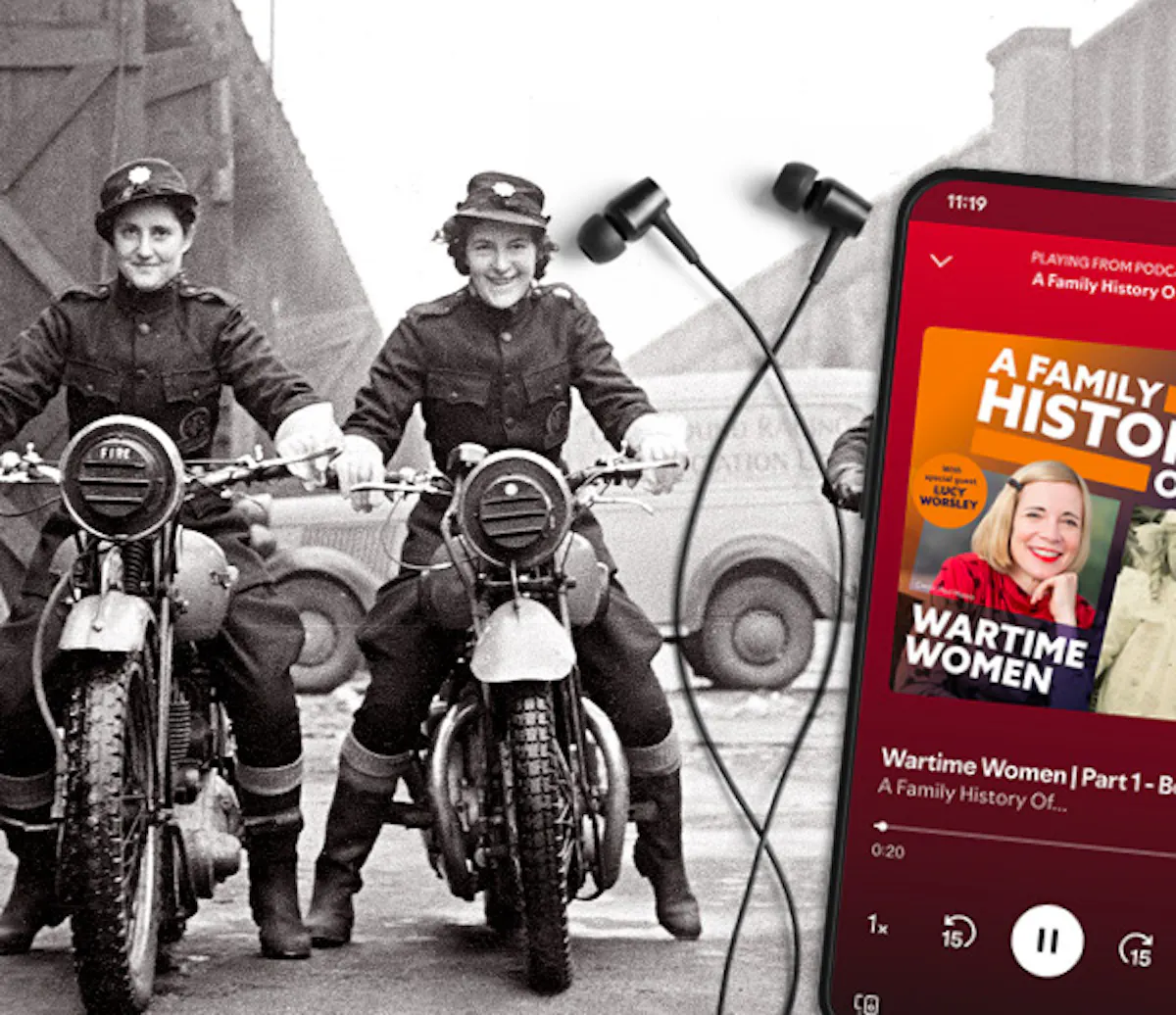 Black and white photo of women on a motorcycle, with a phone screen inset showing the podcast artwork for A Family History Of... and some wired headphones.