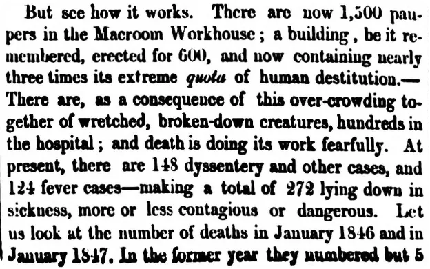 Newspaper article discussing effects of the Irish Famine