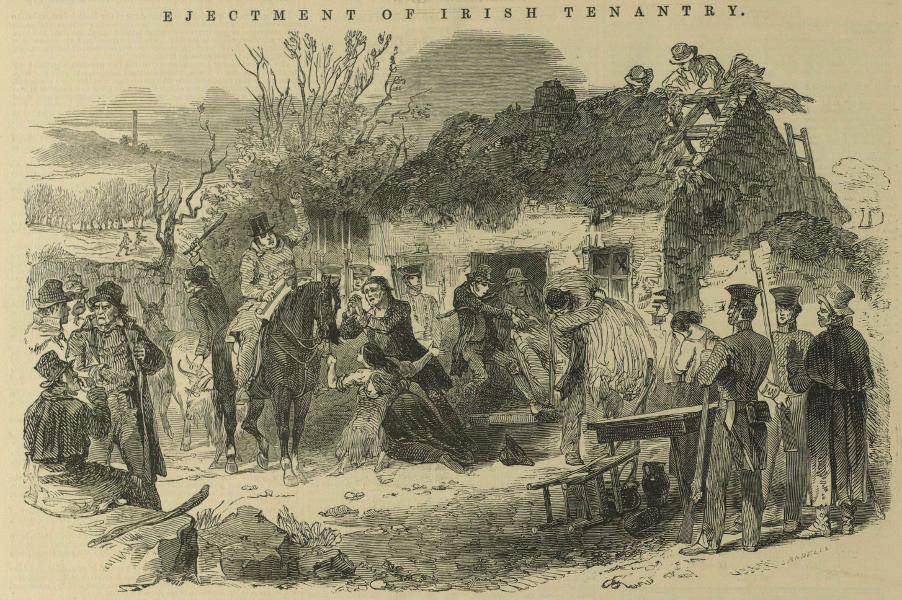 Illustration showing Irish tenants evicted from their homes