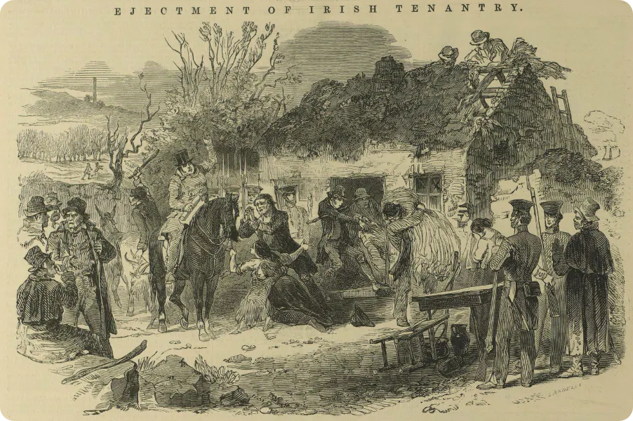 Illustration showing Irish tenants evicted from their homes
