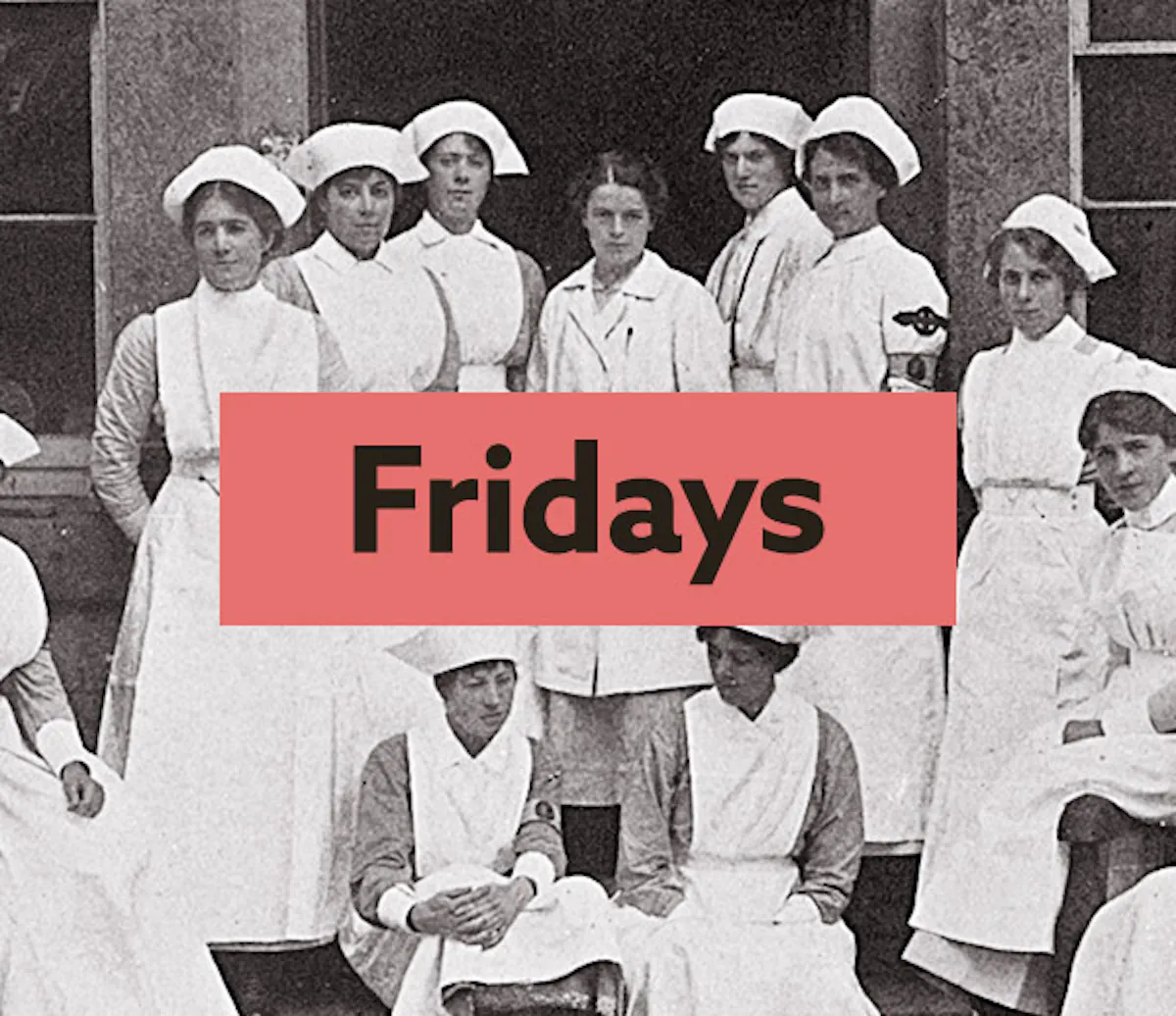 A black and white photo of a group of nurses on some outside steps, with the word Fridays in the middle in a pink box.