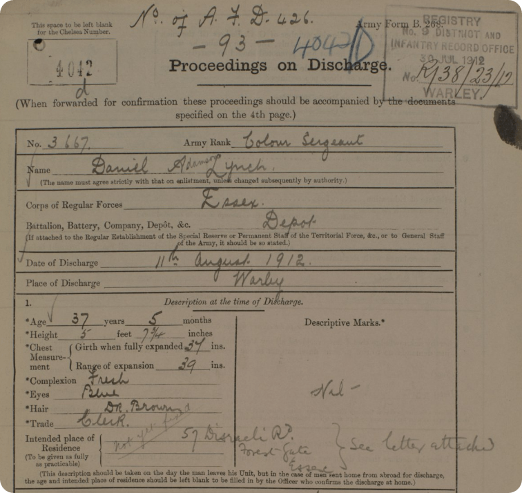 A 1912 discharge record from the Essex Regiment, from the Infantry Record Office, Warley. 