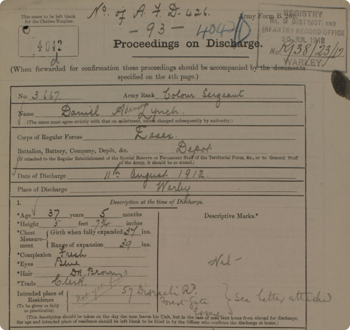 A 1912 discharge record from the Essex Regiment, from the Infantry Record Office, Warley. 