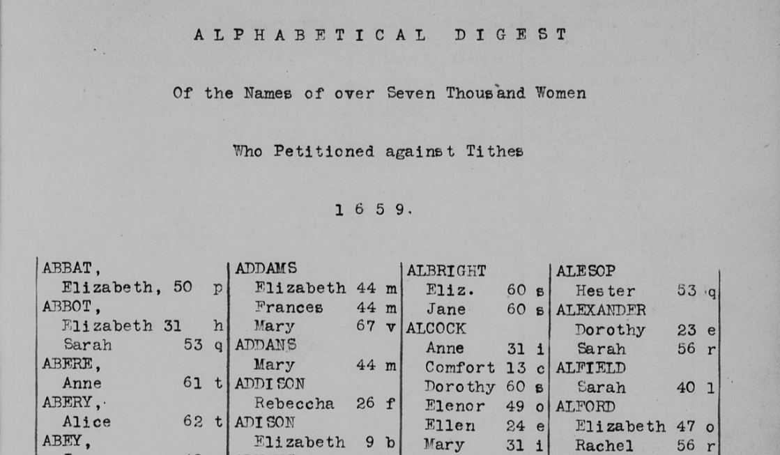 A page entitled 'Alphabetical Digest of the names of over seven thousand women who petitioned against the tithe, 1659'.