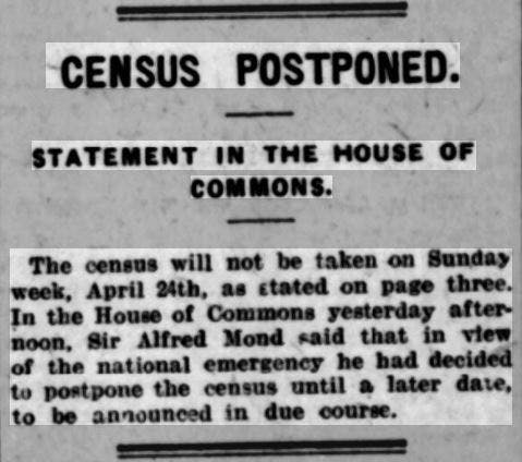1921 Census postponed.