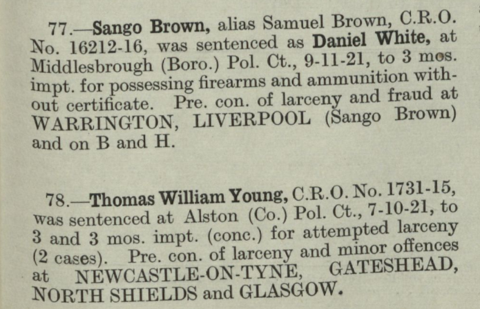 Two sentencing announcements in the Police Gazette, from November 1921.