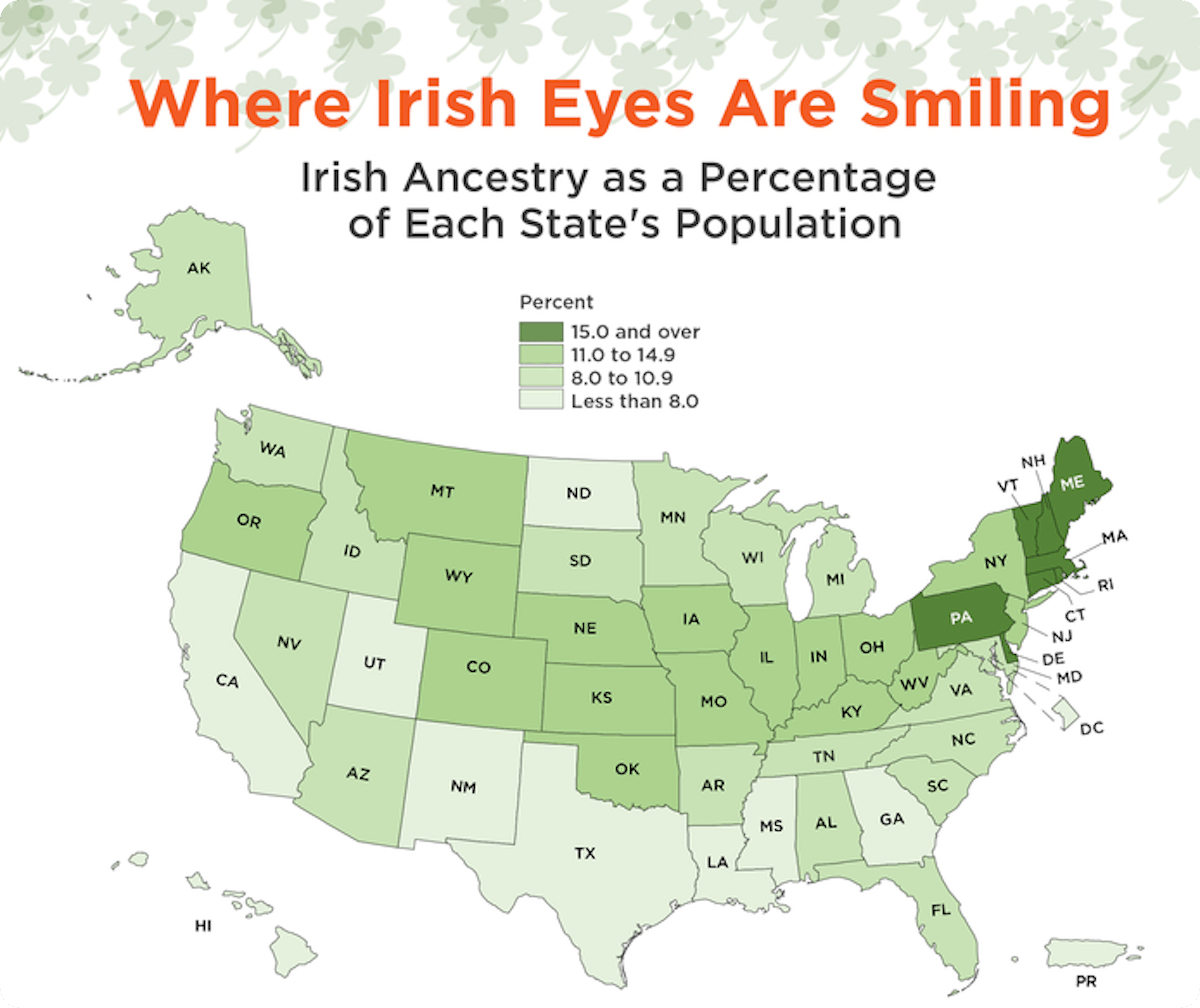 A map of Irish ancestry in the US, with data taken from the 2020 US Census.