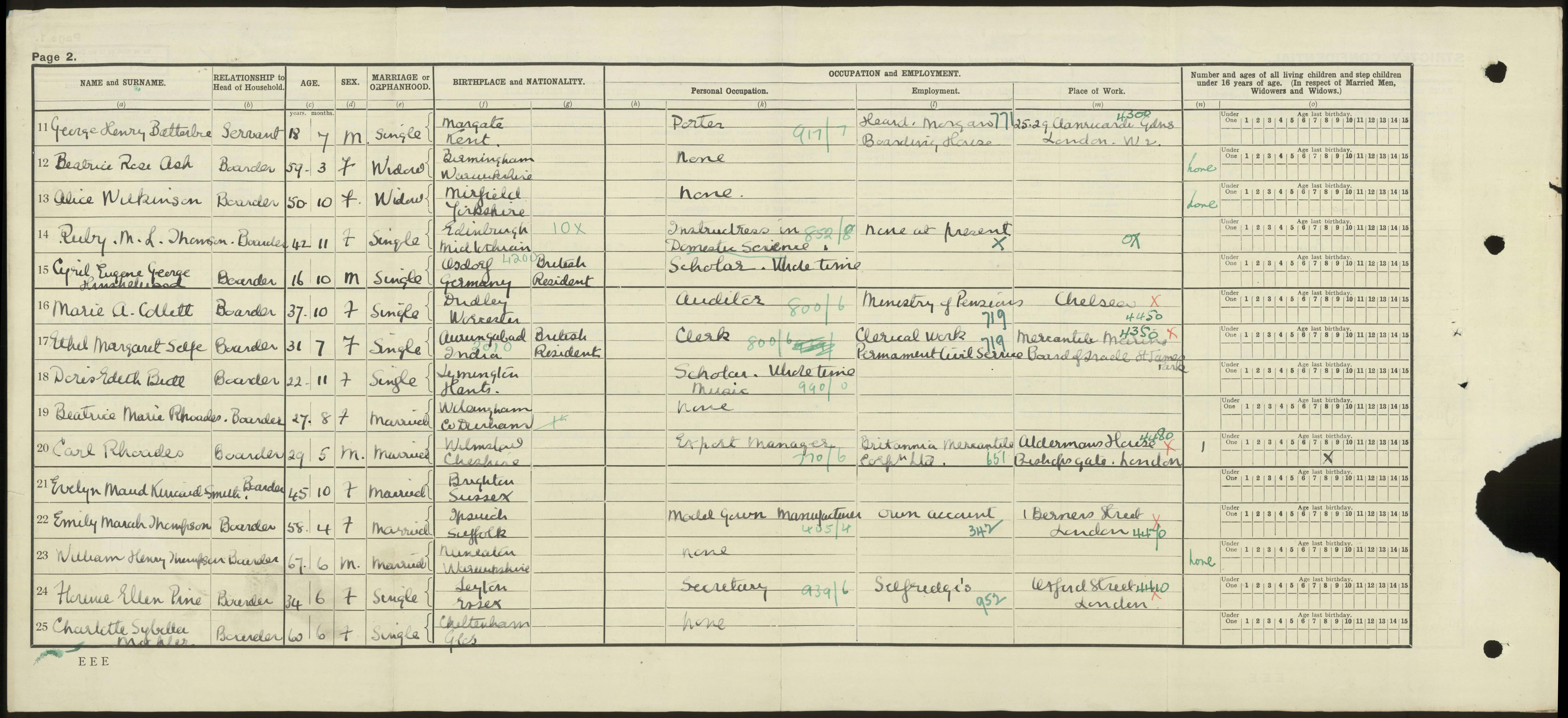 A 1921 Census record that lists Selfridges as a citizen's employer.