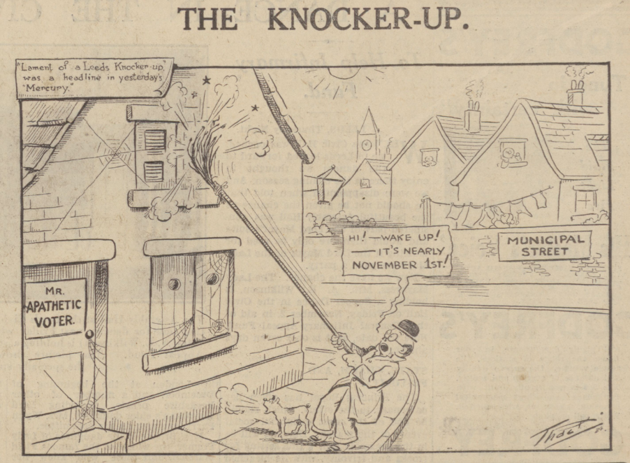 A cartoon from 1934, showing a knocker-up rousing people to vote