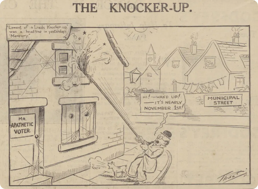 A cartoon from 1934, showing a knocker-up rousing people to vote
