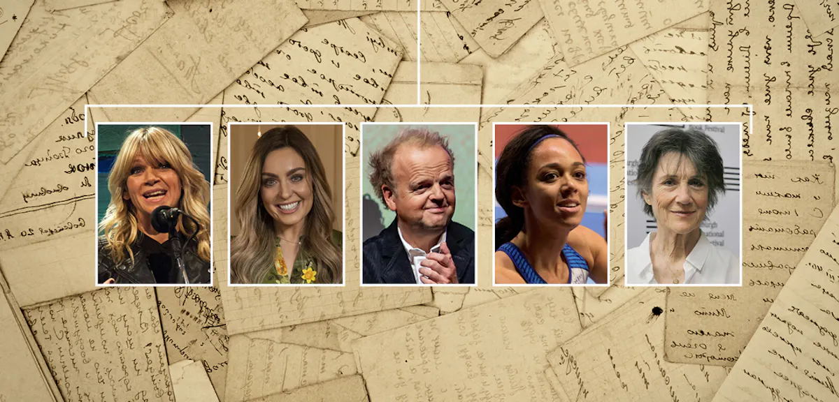 Photos of Zoe Ball, Amy Dowden, Toby Jones, Katarina Johnson-Thompson and Dame Harriet Walter, with old documents in the background