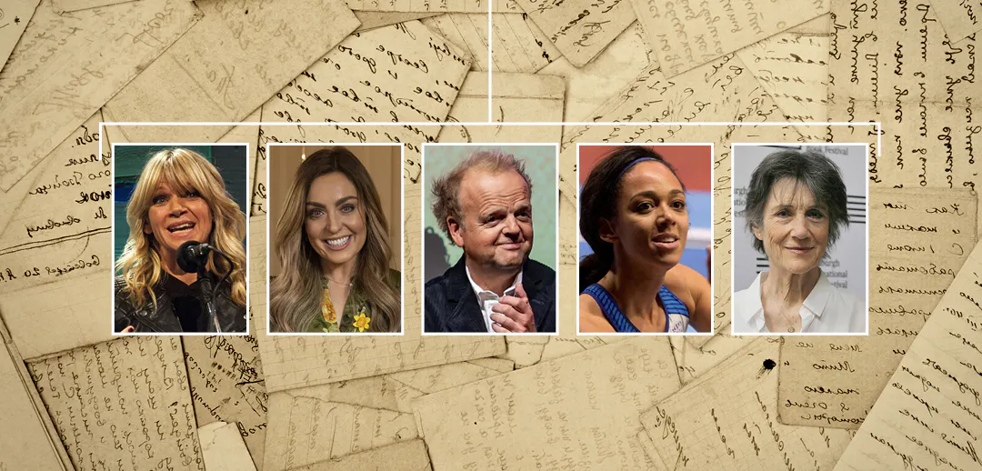 Photos of Zoe Ball, Amy Dowden, Toby Jones, Katarina Johnson-Thompson and Dame Harriet Walter, with old documents in the background